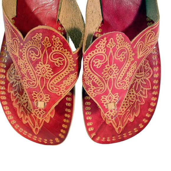 HANDMADE Raspberry Pink Tooled Leather Thong Sandals Women's 38/8 - NEW - Picture 6 of 6